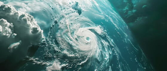 The relentless power of a massive ocean storm, captured with dramatic swirling clouds and turbulent waters.