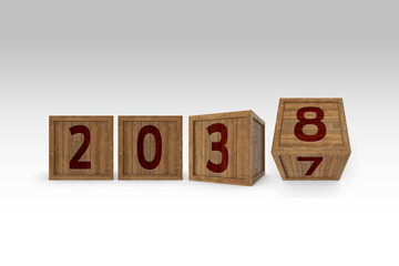 Happy New Year 2038 graphic. Hand flip 2037 to 2038 block.