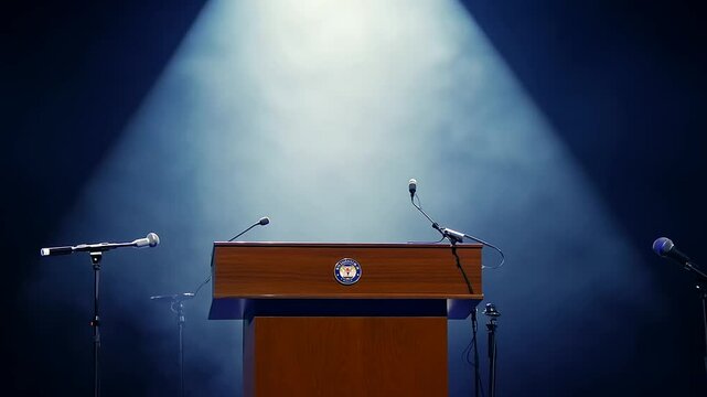 Debate or Speech Stage with Microphones Under a Spotlight. Business Presentation Podium, Political Election Platform, or Conference Speaker Tribune without people