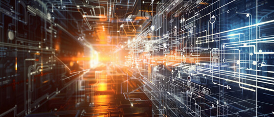 Obraz premium An abstract representation of a high-speed data transfer network with glowing pathways and connections, illustrating the rapid flow of information in a digital age.