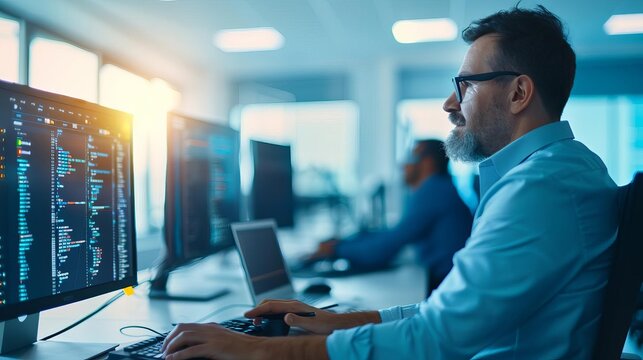 Male developer working on computer code in modern office, focused on screen, professional technology workspace, daytime lighting.