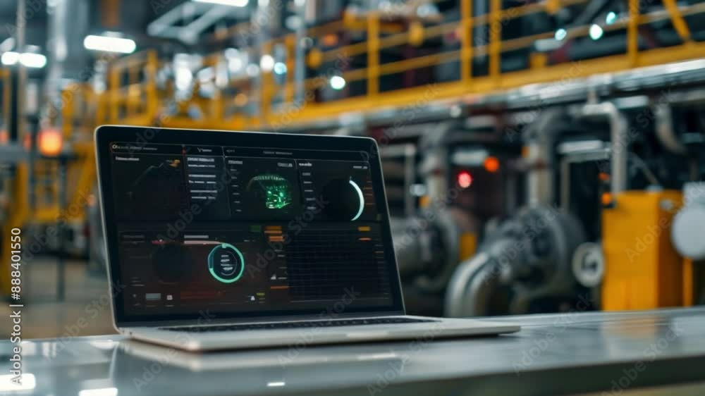 Poster a laptop with a screen displaying various data visualizations sits on a table in an industrial setti