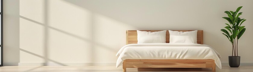 Minimalist bedroom with wooden bedframe, white bedding, and large potted plant, bathed in natural sunlight from adjacent windows.