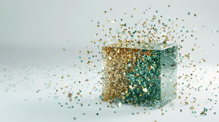 Shimmery cube coated with gold and green glitter particles stands out against white backdrop. Its soft lighting and unique design make it an eye-catching element in any 3D creation.