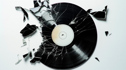 Vinyl record broken into pieces on white background. Black vinyl record broken as if thrown on the floor after being discarded.
