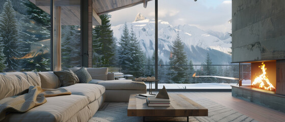 A contemporary living space with expansive windows offering breathtaking views of snow-capped mountains and lush pine forests, centered around a cozy fireplace.