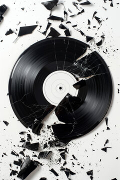 Vinyl record broken into pieces on white background. Black vinyl record broken as if thrown on the floor after being discarded.