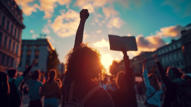 Activists marching during sunset with raised fist