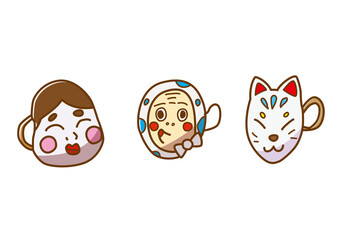 おかめ　ひょっとこ　きつね　お面　手描きpng