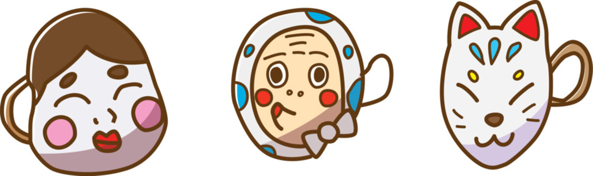 おかめ　ひょっとこ　きつね　お面　手描き