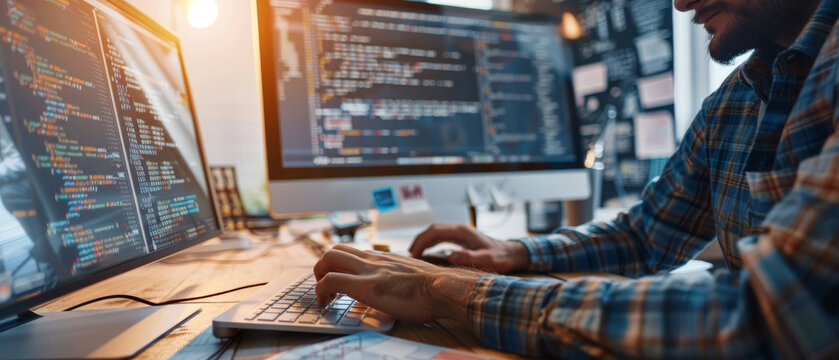 A software developer intensely coding at a dual-monitor setup, with lines of code and technical diagrams visible on the screens, embodying focus and productivity.