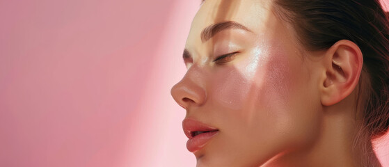 Obraz premium A sunlit face in soft focus with flawless skin glows against a delicate pink background, radiating natural beauty and tranquility.