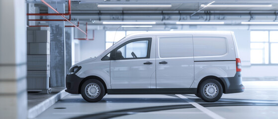 Fototapeta premium A white delivery van is parked in an organized, well-lit parking garage, showcasing neat and reserved spaces.