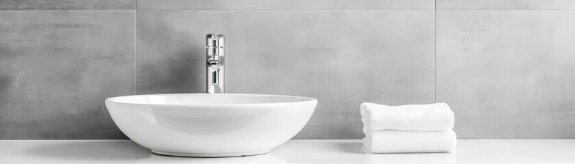 Modern minimalist bathroom with a white sink and neatly folded towels on a sleek countertop against a gray tiled wall.