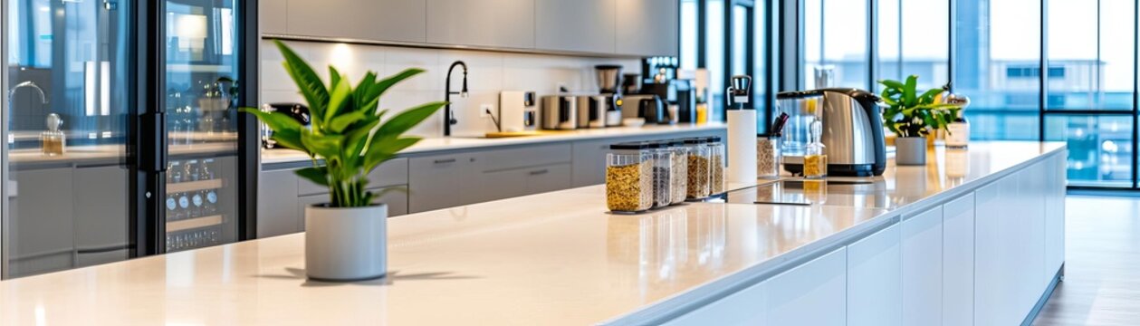Modern office kitchen with white counters, potted plants, and sleek appliances in a bright, open-plan space.