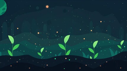 Fototapeta premium Nighttime landscape with small sprouting plants against a starry sky backdrop, creating a serene and cosmic atmosphere.