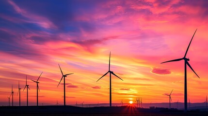 Obraz premium Wind turbines at sunset with a colorful sky, representing renewable energy, sustainability, and environmental concepts