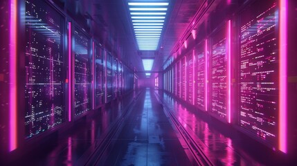 Fototapeta premium Cyberpunk tunnel with neon lights represents futuristic technology in network, data storage, servers, and internet.