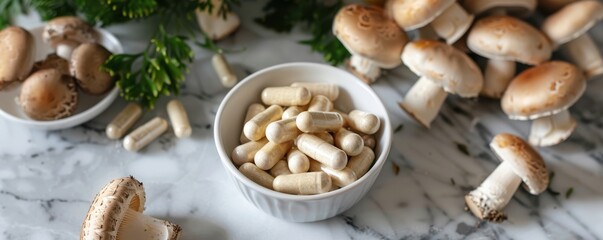 Mushroom supplement bottle with fresh mushrooms on beige background. Free copy space for banner.