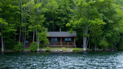 Obraz premium Peaceful lakeside cabin surrounded by lush green forest. Tranquil retreat perfect for nature enthusiasts and serene getaways.