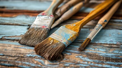 Fototapeta premium Paintbrush wooden table tools for staining wood