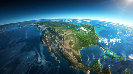 Fototapeta premium A stunning view of Earth from space with radiant light illuminating the continents and ocean, showcasing the planet's beauty.