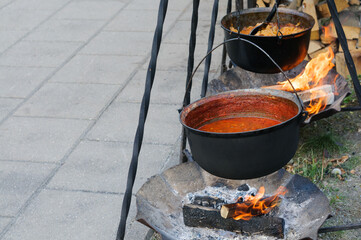 Street food cauldron with red spicy goulash soup on an open fire. Place for text