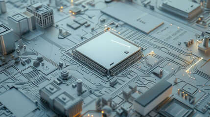 Fototapeta premium A close-up of a sophisticated computer motherboard with intricate circuitry, illuminated by tiny lights.