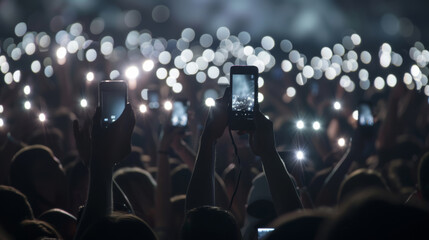Audience members holding up smartphones with flashlights on, creating a sea of lights at a live concert.