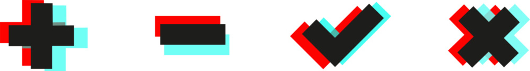 Mark cross or check mark, blurred in 3d glitch flat style on white background, Glitch confirmation or refusal symbol.