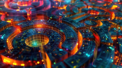 digital concept art depicting the strategy of a hedge fund, visualized as a labyrinth of decisions and outcomes