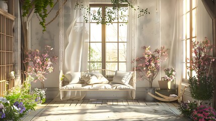 Light vintage style room with swing and spring flowers