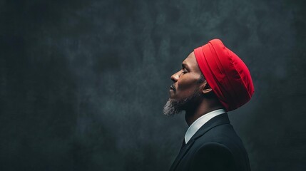 Profile portrait of a man wearing a red headwrap and a suit against a dark, textured background, showcasing dignity and elegance.