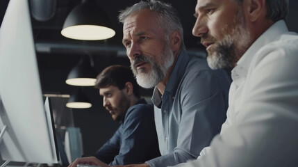 Obraz premium Three men diligently work on computers under industrial lighting, embodying teamwork and dedication.