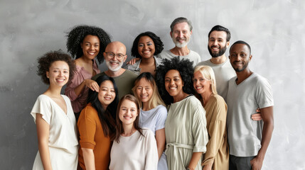 Fototapeta premium A diverse group of people standing together, smiling warmly against a neutral background, embodying unity and inclusiveness.