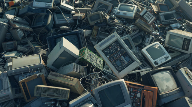 A massive heap of outdated televisions and electronic devices, representing the growing problem of e-waste accumulation.
