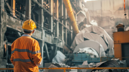 A worker in orange safety gear observes a bustling industrial factory floor, filled with complex machinery and operations.