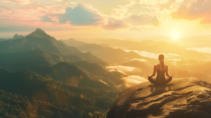 A lone woman practices yoga on a mountain cliff at sunrise, gazing into a misty valley below.