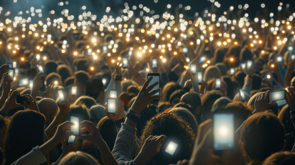 Thousands of smartphones light up a lively concert, creating a sea of glowing screens in the dark.