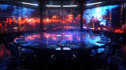 high-resolution depiction of a strategic financial meeting, visualized as a digital round table with virtual reality projections of global markets
