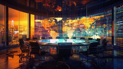 high-resolution depiction of a strategic financial meeting, visualized as a digital round table with virtual reality projections of global markets