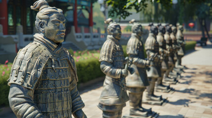 Obraz premium Stone statues of ancient warriors line up under a sunny sky, each figure detailed with armor and a stoic expression, evoking the historic Terracotta Army.