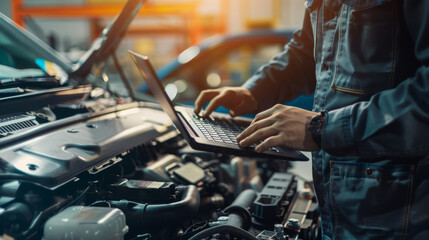 Obraz premium A technician uses a laptop to diagnose a car engine in a brightly lit workshop, illustrating modern vehicle maintenance and technological proficiency.