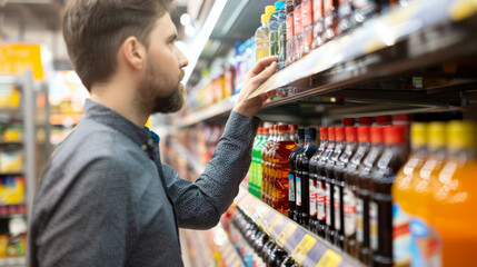 A young man in casual attire is selecting a drink from a colorful array of beverages on a supermarket shelf, deep in thought.