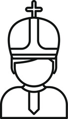Line art icon of a pope wearing a mitre hat with a cross on top, symbolizing christianity and religion