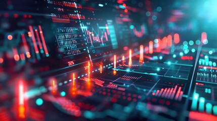 High-tech digital art showing a real-time credit risk monitoring dashboard, with pulsating lights and dynamic charts