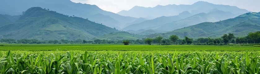 Scenic view of a lush green field with mountain range in the background, under a clear sky with clouds.