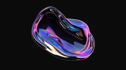 Obraz premium An iridescent, fluid-like metallic form gleams in vivid shades against a black backdrop, illustrating a captivating modern art creation.