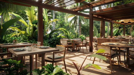 Fototapeta premium A beautiful outdoor restaurant patio surrounded by tropical plants, creating a refreshing and delightful dining environment.