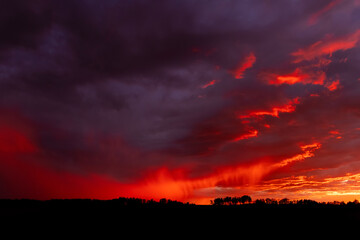 Red and purple sunset and raining cloud over the field with trees.
